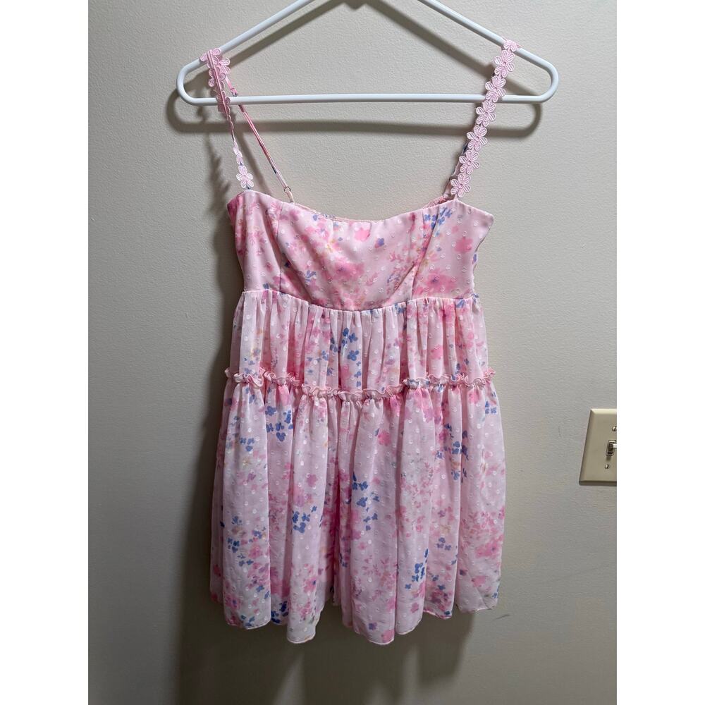 Lucy in the Sky | Dotted Floral Babydoll Dress in Pink Cottagecore Summer Preppy - Picture 2 of 8